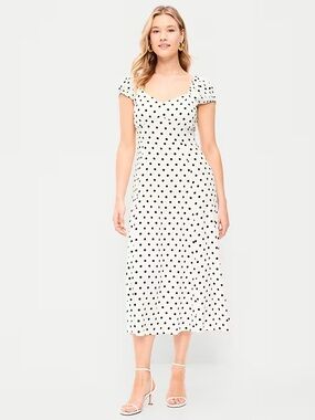 Old Navy White Midi Dress with Black Polka Dots and Puff Sleeves